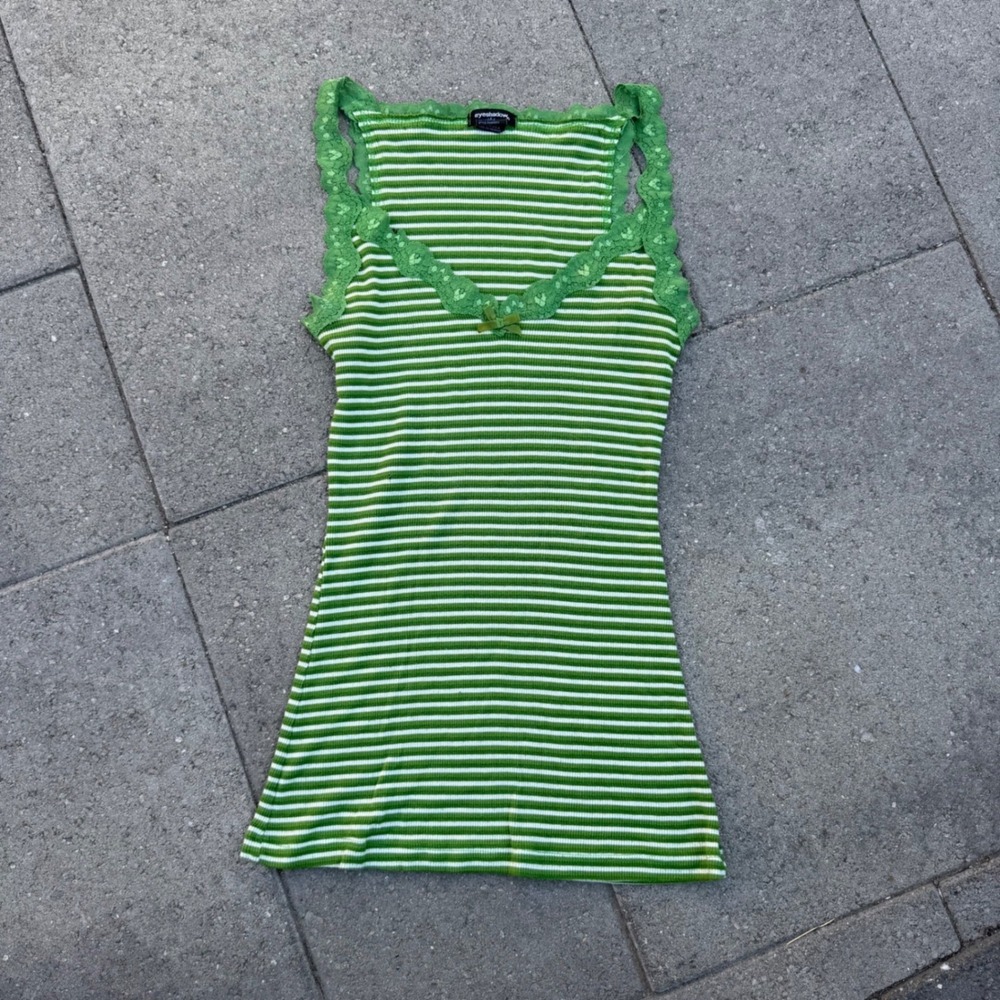 Eyeshadow Vintage Green White Striped Lace Trim Tank Top Y2K Bow Cami Large